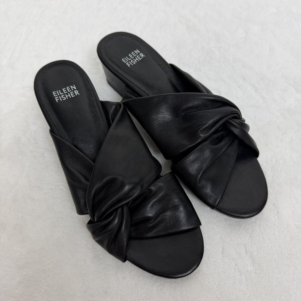 Eileen Fisher Shoes Womens Size 7 Black Leather Slide Sandals Knotted Heel